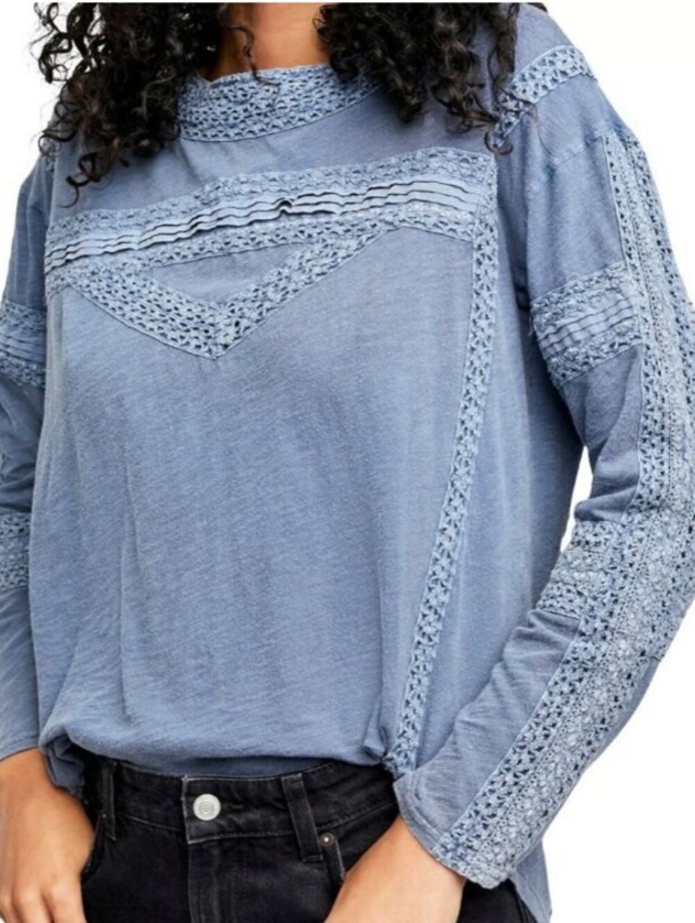 Free People Blue Oversized 100% Cotton Crochet Long Sleeve Shirt - Size - XS